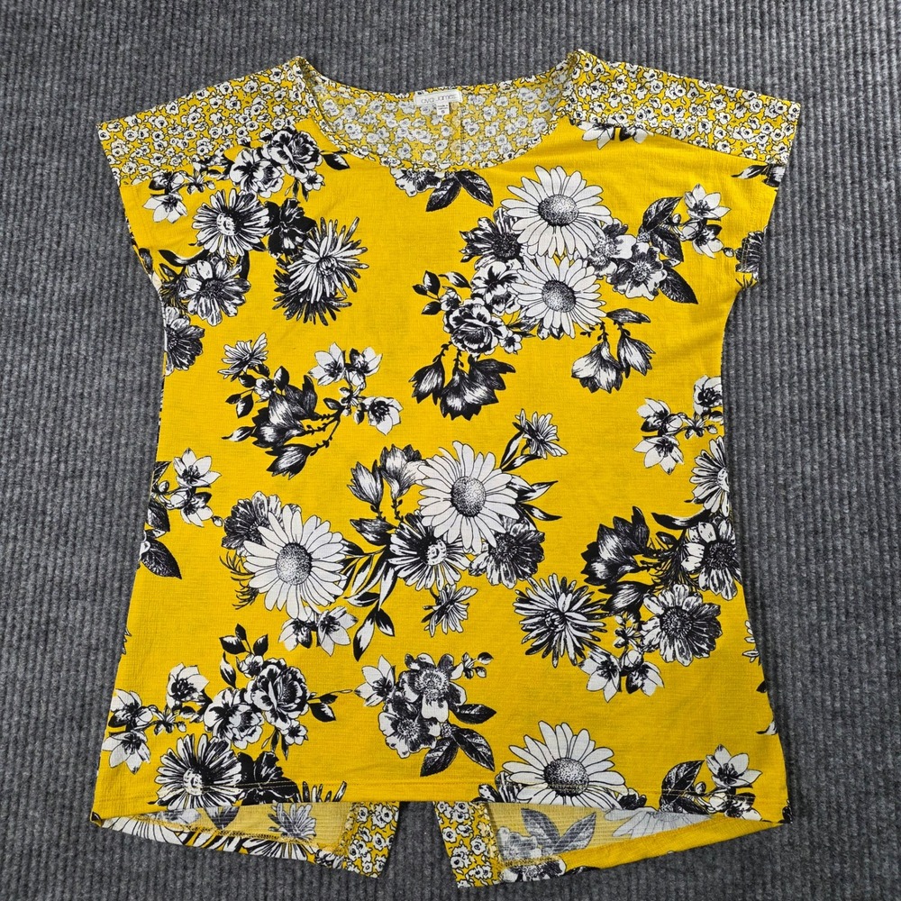 Ava James Womens Yellow Floral Short Sleeve Split Back Blouse Top Small